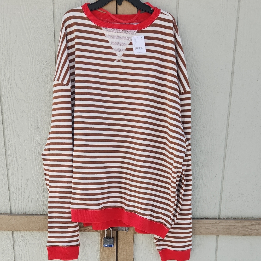NEW We The Free Coffee Brown Striped Boho Slouchy Crew Sweatshirt Terry Large
